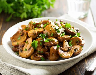 Delicious saut?ed mushrooms garnished with fresh herbs served on a white plate