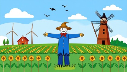 Colorful cartoon illustration of a smiling scarecrow in a bright sunflower field with wind turbines and barn under blue sky