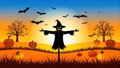 Spooky Halloween scene with witch scarecrow flying bats pumpkins and sunset sky