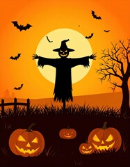 Spooky Halloween scene with scarecrow pumpkins bats full moon autumn night