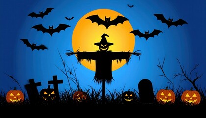 Spooky Halloween Night Scene with Full Moon Bats Witches and Jack-o-Lanterns