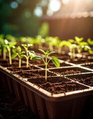 Young green sprout seedlings growing in nursery trays outdoors under sunlight