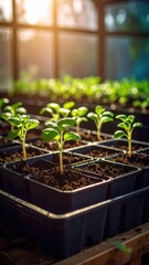 Young green seedlings sprouting in a black seedling tray under sunlight in greenhouse