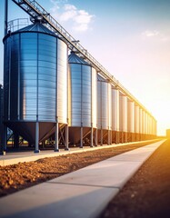 Large Industrial Silos in a Modern Farming Facility Under Bright Sunshine at Sunset
