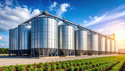 Modern large metal grain silos storage facility with blue sky and sunlight
