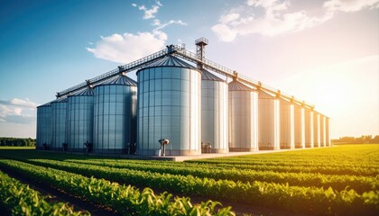 Large Modern Grain Storage Silos in a Farm Field Under Blue Sky at Sunset
