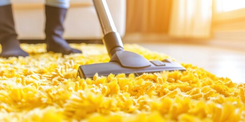 Vacuuming a Shaggy Yellow Rug in Bright Sunlight