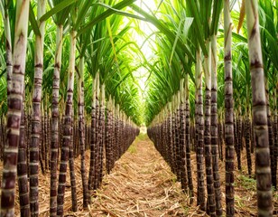 Lush Green Sugar Cane Garden with Tall Stalks Growing in Perfect Rows