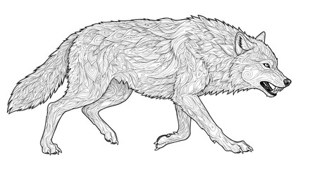 Detailed line art illustration of a wolf in motion with intricate patterns and textures, showcasing wildlife art