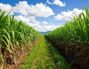 Lush green sugarcane fields in a rural landscape with a clear blue sky