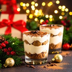 Festive Christmas Dessert in Glass with Cookies Cream Topping and Holiday Decor