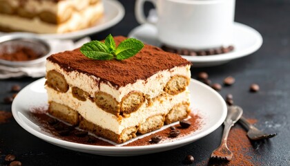 Delicious layered tiramisu dessert with coffee and cocoa for sweet treat