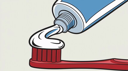 A retro comic pop art design of a tube of toothpaste squeezing out a white toothpaste onto a  toothbrush