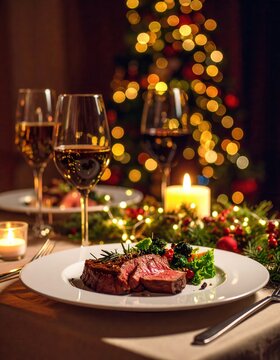 Elegant dinner setting with a festive Christmas table with wine and dessert