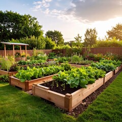 Vibrant organic vegetable garden with raised beds lush greenery sunset sky