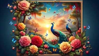 Picture of peacocks with the beauty of nature on background. peacock.(02)