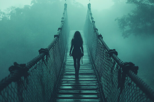 Woman Walking on a Suspension Bridge in Nature
