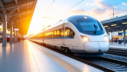 Fototapeta premium High-Speed Train Arrival: A modern high-speed train glides into a platform bathed in the warm, golden light of sunrise or sunset, symbolizing efficiency and connectivity.