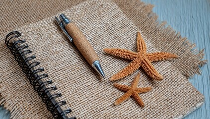 Burlap Notebook With Starfish And Pen