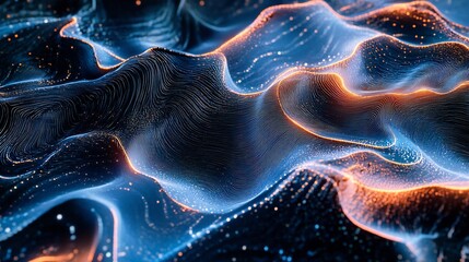 Cyber inspired illustration of intricate dimensional waves glowing with a metallic sheen symbolizing digital connectivity and futuristic design