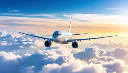 Airplane Soaring Above Clouds at Sunset