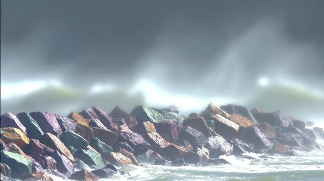 Colorful rocks at the water's edge in a misty scene