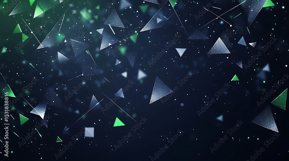 Wall mural dark sapphire background with shimmering green and gray triangles scattered in orbit-like patterns, 