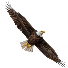 Naklejka premium Bald eagle flying isolated on white background, for wildlife and nature projects.