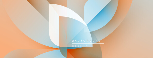 Abstract geometric shapes blend, creating soft color gradients. Design features flowing lines, warm tones, cool blues. Minimalist aesthetic.