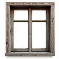 Timeworn wooden window, charming patina, clean white background, frame, weathered, texture