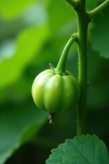 Tiny green bitter melon clinging to vine in garden , summer, freshness, bitter gourd