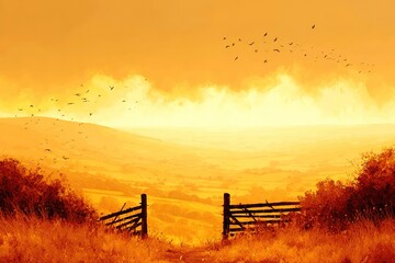 Golden Rural Landscape At Sunset