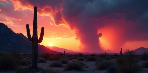 Towering saguaro silhouetted against dramatic desert storm, lightning, texture