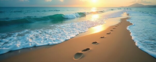 Two sets of parallel footprints receding into the ocean mist, path, mist