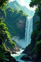 Vast rainforest panorama, cascading waterfall , adventure, environment, vibrant