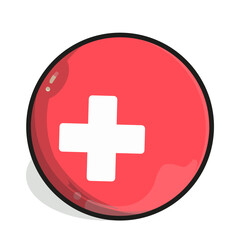 Icon A red cartoon button with a white plus sign in the center, outlined in black, casting a small shadow.