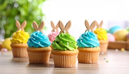 Easter-themed cupcakes decorated with bunny toppers.