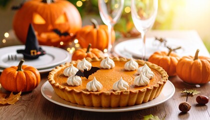 Halloween pumpkin pie with festive decorations.