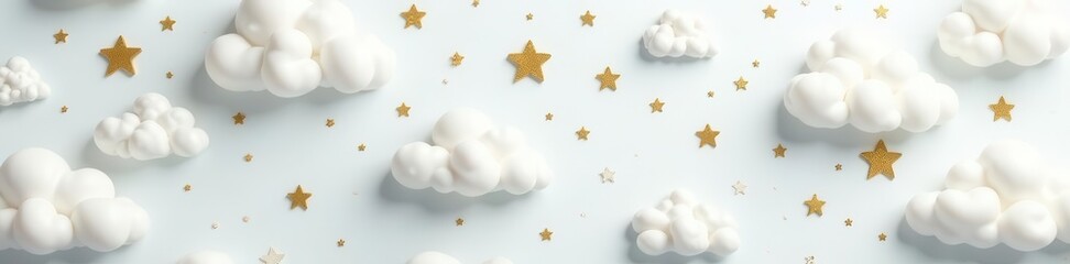 White fluffy clouds and gold stars, charming repeat pattern, illustration, digital, kawaii