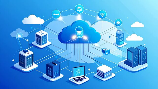 Isometric illustration of cloud computing network connection with various devices and cloud storage - Powered by Adobe