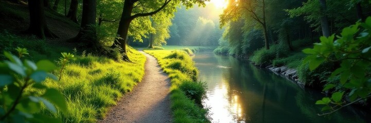 Winding riverside path, lush foliage, sunlight dappling, beauty, travel, relaxation