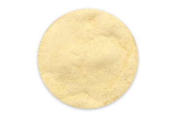 High resolution top view of finely ground organic orange peel powder in a circular shape, isolated on a white background. Ideal for natural skincare, dietary supplements, culinary uses. 