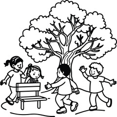 illustrate children playing tag around a tree benc.eps