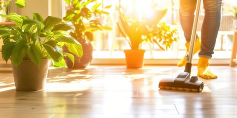 Sunlight Cleaning: Vacuuming in a Bright Home