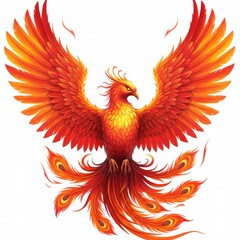 Fiery phoenix with spread wings isolated on white background. use cases: logo, tattoo, mythology.