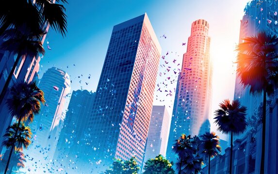 Cityscape with palm trees and confetti