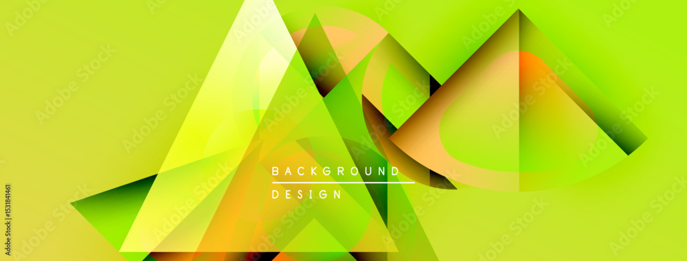 Poster Abstract geometric shapes overlap, creating vibrant green, orange gradients. Modern design elements suggest dynamic visual experience.