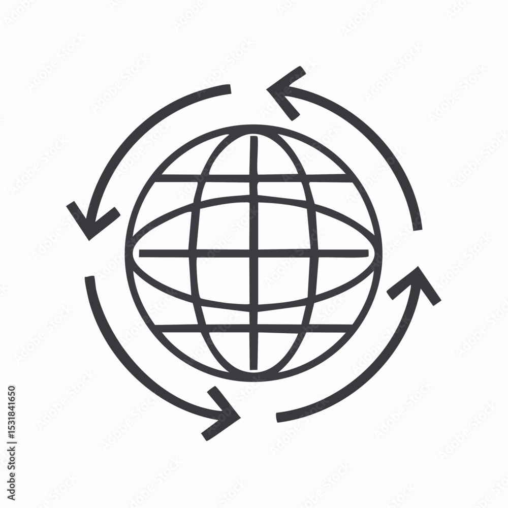 Poster global interconnectedness symbolized by a rotating globe encircled by cyclical arrows.