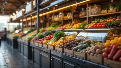 Vibrantly Displayed Fresh Fruits And Vegetables In A Local Market Aisle With Warm Lighting