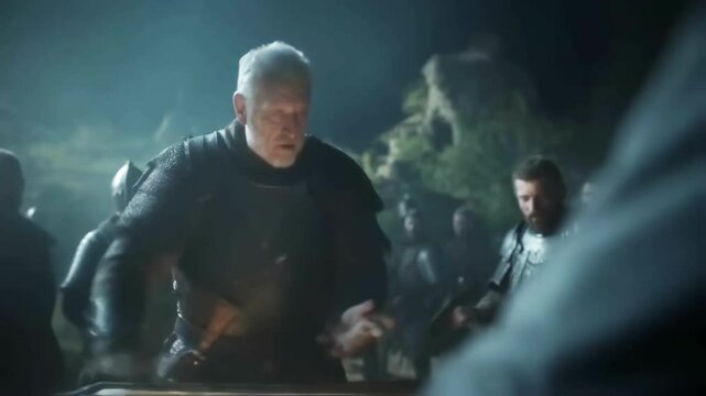 Medieval monarch in ornate armor carefully examining tactical map with battle hardened soldiers under flickering torchlight, strategizing complex military campaign during nighttime military council